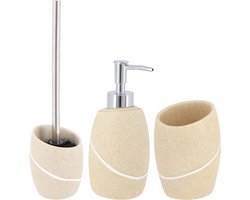Badkamer set - WC-borstel/zeeppomp/tandenborstelbeker - creme - steen look - polyresin