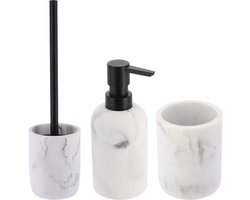 Badkamer set - WC-borstel/zeeppomp/tandenborstelbeker - wit - marmer look - polyresin