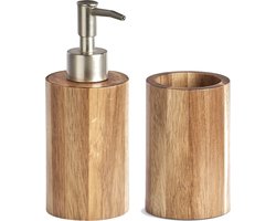 Badkamer setje zeeppompje met beker van luxe acacia hout