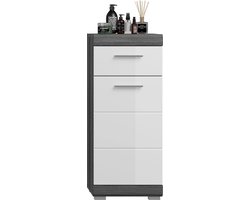 Badkamer Smalle Ladekast - Houtmateriaal - Witte Hoogglans Fronten - Gerookt Zilver Body - Compact - 37 x 88 x 31 cm