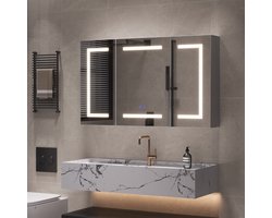 Badkamer Spiegelkast 100x60cm - Met LED Verlichting, Stopcontact, USB Poorten en Opbergruimte - Wandmontage