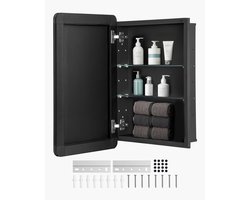 Badkamer Spiegelkast - Medicijnkast - Afmetingen 40,6 x 12,8 x 61 cm - Spiegeldeur - Verstelbare glazen legplanken - Inbouw of wandmontage - Aluminium frame