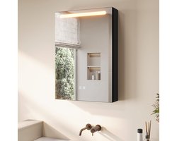 Badkamer Spiegelkast - Verlichte Kast - Opbergen en Verlichten - Met Make-up Plank - 70 x 485 cm - Mat Zwart