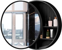 Badkamer Spiegelkast - Wandkast Ronde Spiegel - Opbergen Badkamer - Schuifbare Deur - 60 cm - Zwart