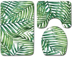 Badkamer tapijt set - Antislip badmat met toiletdeksel en voetrugmat - Groene bladeren design