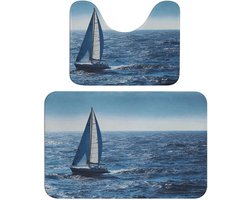 Badkamer tapijt set - Vloermat absorberend - Badkamer droog houden - Superzacht koraal fluweel - 2-delig 38x64cm - Blauwe zee zeilboot