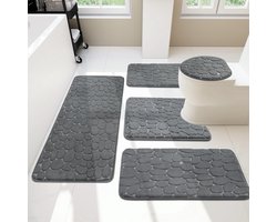 Badkamer-tapijten, set van 5 stuks, kobblestone, traagschuim, badmatten, dikke antislip badmatten voor badkamer, absorberend, wasbaar, donkergrijs, badmatten voor bad, toilet en vloer