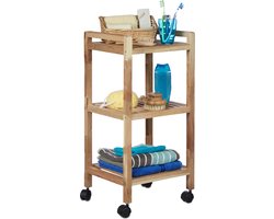 badkamer trolley - hout - 3 planken - handgrepen - smal - op wielen - 71,5 x 35 x 31 cm - natuur