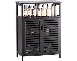 Badkamer Vloerkast - Vrijstaande Opbergkast - Zij-opbergkast - Kleine Keukenvoorraadkast - Bamboe - 2 Deuren - Open Plank - Zwart - Multifunctionele Opbergruimte - Handdoekkast - Huishoudkast