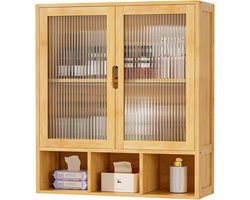 Badkamer Wandkast - Medicijnkast Opbergmeubel - Ruimtebesparend Ophangen - Stof- Vochtbestendig - 59x22x66cm - Bamboekleur