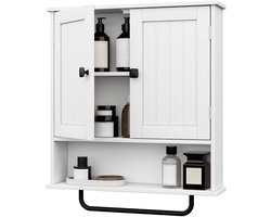 Badkamer Wandkast met Handdoekbar, Opbergkast voor Boven de Toilet, met 2 Deuren en Verstelbare Plank, Witte Muurkast voor Badkamer en Waskeuken