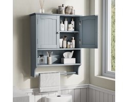 Badkamer wandkast met handdoekhouder, badkamerkast wandplank met 2 deuren en open planken, toiletwandplank, badkamer medicatiekast