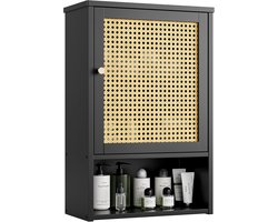 Badkamer Wandkast met Rotan Deuren - Bamboe Ophangkast - Zwarte Medicijnkast - Verstelbare Plank - Opbergkast Boven Toilet - Ruimtebesparende Wand Organizer - Voor Badkamer, Keuken, Woonkamer en Wasruimte