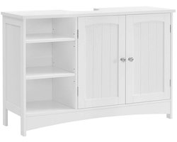Badkamer wastafelkast zonder wastafel, onderkast met dubbele deur, 3 open opbergvakken en in hoogte verstelbare legplank, stevige en duurzame houten constructie, geschikt voor de badkamer, 90 x 30 x 60 cm, wit.