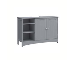 Badkamer wastafelkast zonder wastafel, onderkast met dubbele deur, 3 open opbergvakken en in hoogte verstelbare legplank, stevige en duurzame houten constructie, geschikt voor de badkamer, 90 x 30 x 60 cm,grijs