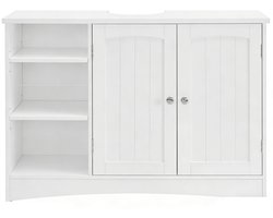 Badkamer wastafelkast,90 x 30 x 60 cm, wit zonder wastafel, onderkast met dubbele deur, 3 open opbergvakken en in hoogte verstelbare legplank, stevige en duurzame houten constructie, geschikt voor de badkamer