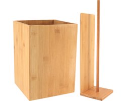 badkameraccessoire set - prullenbak en toiletrolhouders - bamboe hout - licht bruin