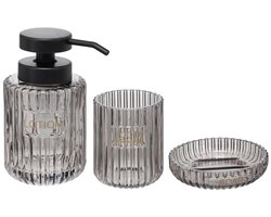 Badkameraccessoires Set van 3 – Grijs Glas – Zeepbakje, Tandenborstelhouder & Zeepdispenser – Modern Design