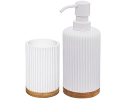 Badkameraccessoireset – Moderne Badkamer Accessoires – Zeeppomp & Tandenborstelhouder Set – Polyresin met Bamboe – Luxe Zeepdispenser & Beker – Wit