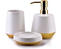 Badkameraccessoireset - Zeepdispenser, Zeephouder, Beker - Keramiek - Wit/Goud