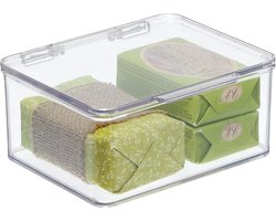 Badkamerbox met deksel, praktische kunststof box voor verzorgingsproducten, medicijnen en handdoeken, stapelbare opbergkist, doorzichtig
