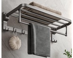 Badkamerhanddoekrek met handdoekstang en haken – 23,6 inch – Opklapbaar wandrek – Moderne grijze afwerking