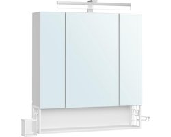 Badkamerkast 16,5 x 70 x 75 cm Wit, Spiegelkast met 3 Deuren en LED-Verlichting, Wandkast met Stopcontact en USB-Poorten, Badkamer Opbergkast met Hangmand en Föhnhouder, Wandmontage