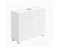 Badkamerkast 30 x 70 x 64 cm Wit, Badkameropbergkast Zonder Wastafel, Toiletmeubel met 3 Lades en 1 Deur, Wastafelkast met Sifonopening, Badkamermeubel, Opbergkast voor Badkamer