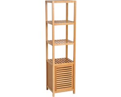 Badkamerkast 36×33×140 cm houtkleur bamboe, opbergkast, kast, bijzetkast, opbergrek, displayrek, stevig en duurzaam, eenvoudig design, praktisch en mooi, geschikt voor badkamer en toilet
