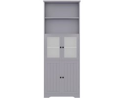 Badkamerkast 57,5 x 28,5 x 160 cm hoog met opbergruimte, vochtwerende verf, glazen kastdeur, houten kastdeur, twee open planken, verstelbare verdelers, grijs