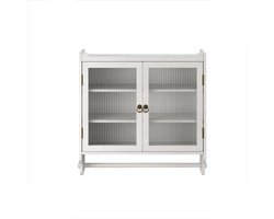 Badkamerkast 60CM glazen deur vintage dubbele deur wandkast met drie lagen opbergruimte met handdoekenrek, voor badkamer, keuken, eetkamer, wit