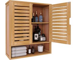 badkamerkast aan de muur gemonteerd, Bamboo Over-The-Toilet Storage Organizer, ruimtebesparende medicijnkast met 2 deuren en verstelbare planken (Natural)