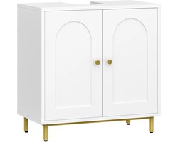 Badkamerkast - Badkamermeubel - Opbergkast - 2 Deuren - 2 Legplanken - Uitsparing - Wastafel Onderkast - Onderbouwkast - Wit - Goud - 30x60x63 cm