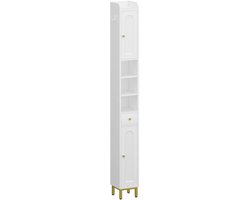 Badkamerkast - Badkamermeubel - Opbergkast - Hoog - Voor Kleine Ruimtes - Wit - Goud - 2 Deuren - 1 Lade - Verstelbare Planken