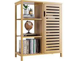 Badkamerkast, bamboe, badkamerkasten met 1 deur en 3 open planken, vrijstaande badkamerkast, keukenkast voor woonkamer, slaapkamer, hal, natuur