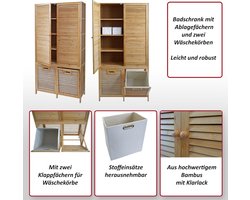 Badkamerkast Bamboe - Opbergkast Hoge Kast - Badkamer Organisatie - Met Wasmand Vakken - 168 x 82 cm - Lichtbruin