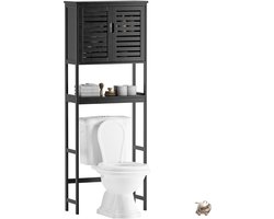Badkamerkast Boven Toilet - 2-Deurs Bamboe Kast - Opbergkast Vrijstaand - Ruimtebesparend Toiletrek - Verstelbare Binnenplank - Open Plank - Zwarte Badkamer Organizer