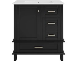 Badkamerkast Grote opbergruimte Zonder kraangat 1 deur en 3 stille laden Eén stuk keramische wastafel Waterbestendig en vochtafstotend Stevig houten frame Modern strak design Geschikt voor thuisbadkamer 76x46x83,5cm zwart