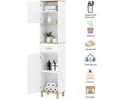 Badkamerkast, hoge kast, badkamerkast met 5 vakken, 1 lade, witte commode in de badkamer, kast met verstelbare scheidingswanden, wit, 40 x 180 x 30 cm
