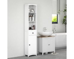 Badkamerkast hoge kast met 3 planken, 1 lade badkamerkast badkamerschap badkamermeubel, wit, 34x24x170,5cm