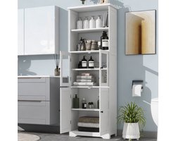 Badkamerkast Hoog - Kolomkast met Glasdeuren en Open Planken - 160 cm Hoog - Vochtbestendig MDF - Wit - Modern Design voor Badkamer & Woonkamer