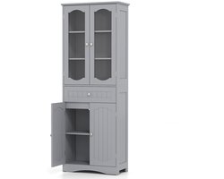 Badkamerkast Hoog – Linnenkast – Opbergkast – Keukenkast – Dressoir – 63 Inch Hoog – 2 Glazen Deuren & 2 Verstelbare Planken – Grijs