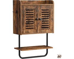 Badkamerkast Houten - Dubbele Deuren - Wandkast - Met Handdoekstang - Verstelbare Plank - 2 Haken - 3-Lagen Opbergkast - Rustieke Bruine Kast - Voor Badkamer en Woonkamer