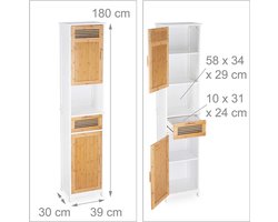 Badkamerkast met 2 deuren en 1 lade van hout en bamboe - HxBxD ca. 180 x 39 x 30 cm - kolomkast opbergkast - wit bruin badkamerkasten hoog