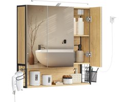 Badkamerkast met 3 Deuren en Spiegel – Wandkast met Stekker, Hangmand en Haardrogerhouder, Grote Opbergruimte, Natuurlijk Eiken, Ideaal voor Wastafel en Badkamer