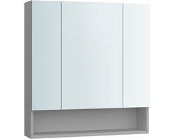 Badkamerkast met 3 deuren - Medicijnkastje spiegelkast - Badkamerkast open vak - verstelbare planken - grijs - 16,5 x 70 x 75 cm