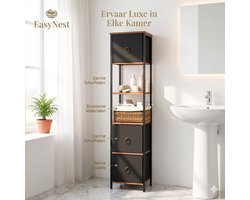 Badkamerkast met 3 Stoffen Lades – Vrijstaande Opbergkast met Open Planken – Smalle Hoge Kast voor Badkamer, Woonkamer of Hal – Vintage Bruin/Zwart