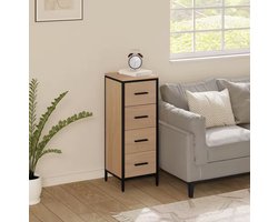 Badkamerkast met 4 Lades – Smalle Opbergkast – Industrieel Design – Bruin - Licht Eiken & Zwart – Compact en Ruimtebesparend