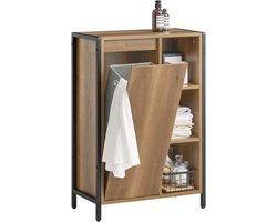 Badkamerkast met Kantelbare Wasmand – Staand Badkamermeubel – 3 Compartimenten + Wasmand – 60×30×90 cm – Waskast – Opbergkast – Opbergmeubel – Modern Bruin/Geel