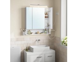 Badkamerkast met LED Verlichting 16.5x70x75 cm – Spiegelkast met Stopcontacten, USB-Poorten, Föhnhouder, Hangmandje & Open Vakken – Wandkast voor Badkamer – Modern Wolkenwit –